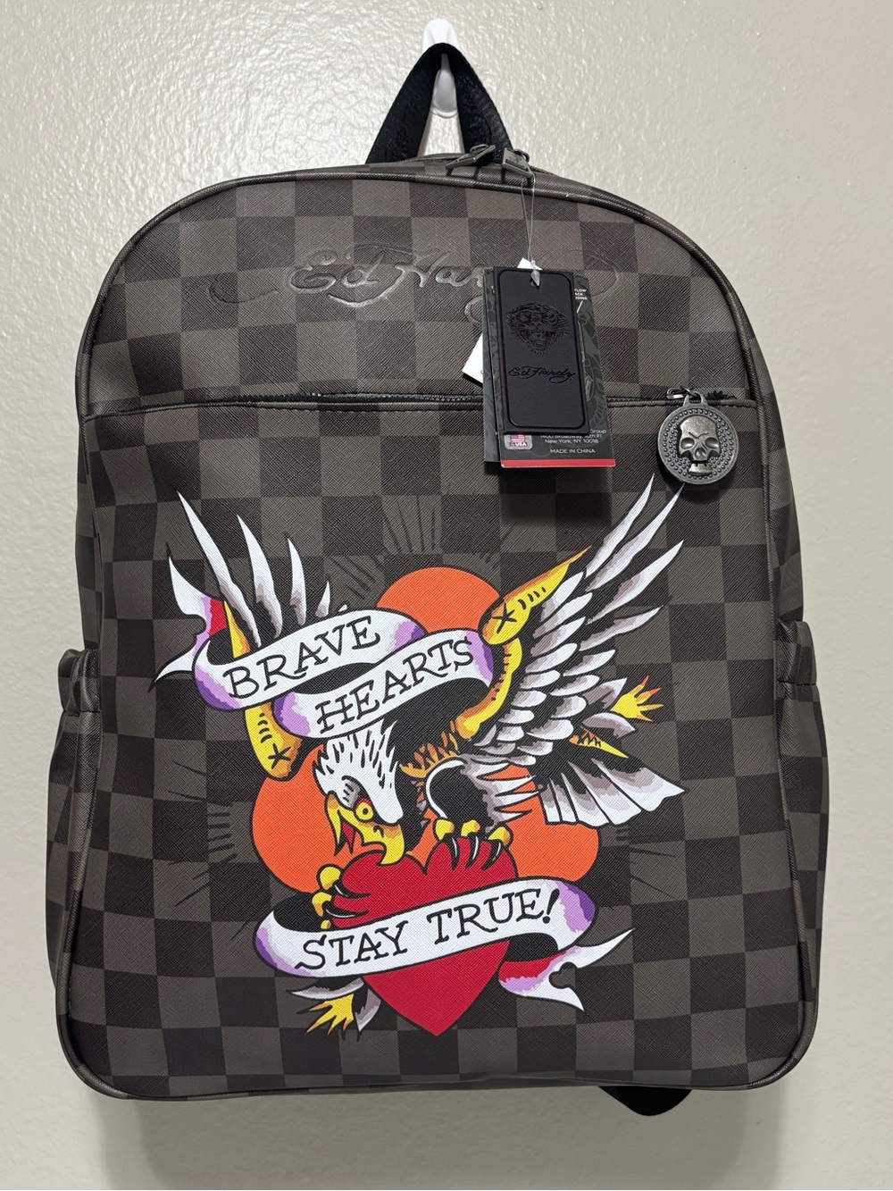 Ed Hardy Brave Hearts Stay True Checkered Backpack NWT Unisex Y2K Tattoo